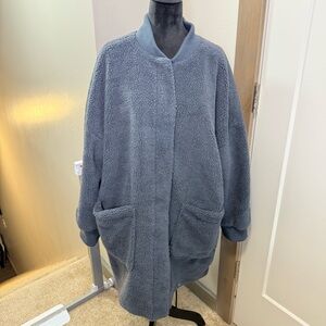 Eddie Bauer Ladies Oversized Sherpa Teddy Navy Blue Long Jacket Pockets Plus XXL